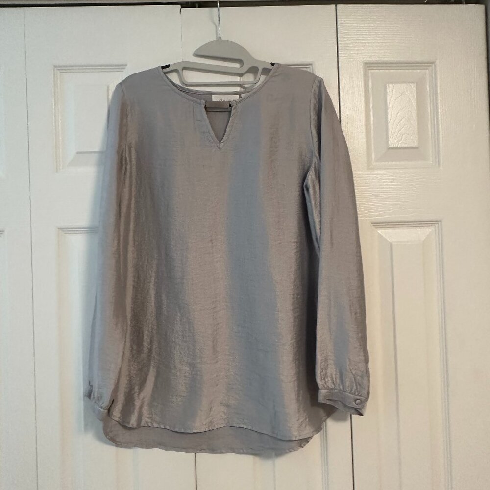 Chico Long-Sleeve Metallic Silver Split-Neck Blouse